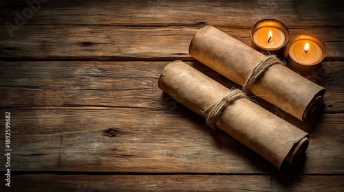 Two old rolled parchment scrolls tied with rough twine lie on a rustic wooden table illuminated by a soft candle light creating an atmosphere of aged mystery and historical significance