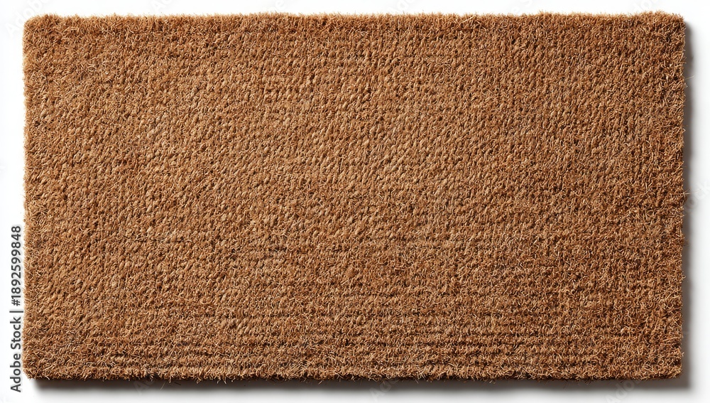 Fototapeta premium A rectangular brown doormat seen from above is textured with a slightly ridged border and a natural, unbranded appearance