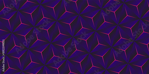 A repeating geometric abstract pattern with purple cube shapes and pink neon lines.