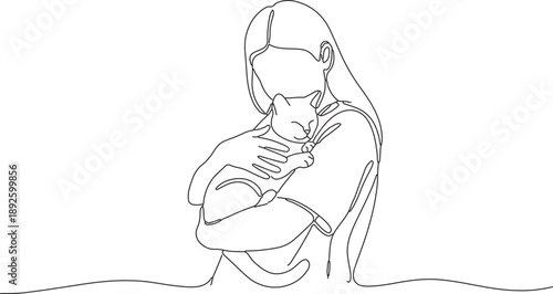 Continuous line art drawing of a young woman gently holding and embracing her beloved cat with affection and care, symbolizing a cherished pet owner bond