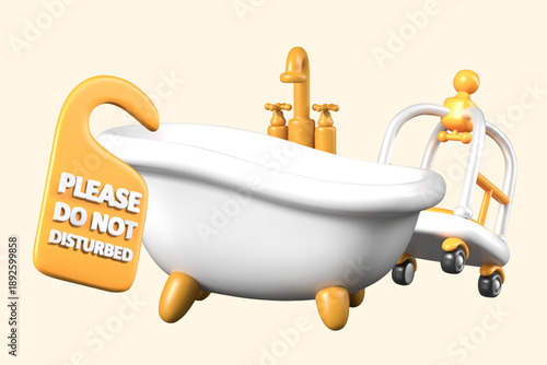 Set of elements for advertising caring hotel service. Bathtub, luggage cart, do not disturb sign. Accommodation, assistance to guests. Relaxation of vacationer