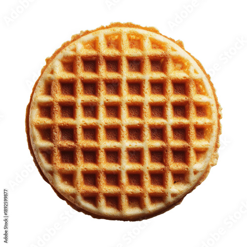 Round waffle, golden brown, grid texture, isolated on black background