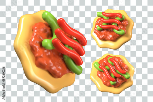 Fried bread with sauce. Appetizing tortilla with vegetables. 3D tostadas