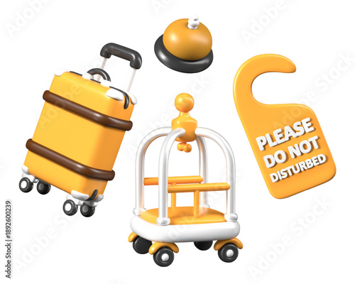 Set of detailed templates of hotel objects. Vector isolated elements on white background. Suitcase, reception bell, do not disturb sign, luggage trolley