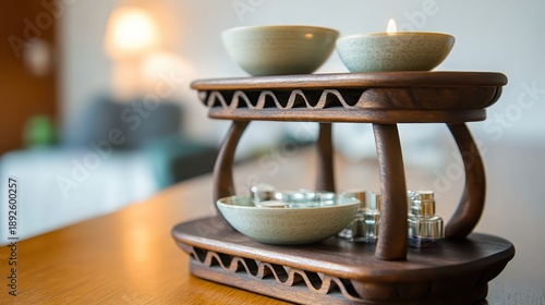 Wooden shelf with bowls displaying fragrances and candles