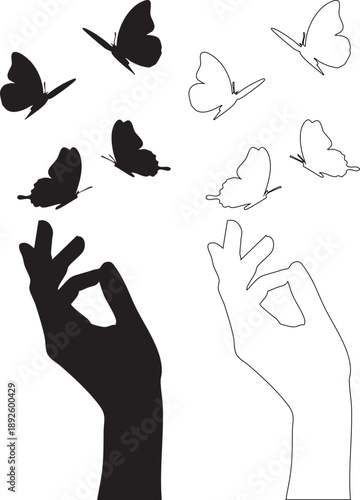 Black and white hand releasing butterflies butterfly silhouette outline