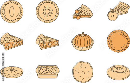 Vector Outline Illustration Set of Homemade Pies, Autumn Pumpkin, and Pita BreadVector Outline Illustration Set of Homemade Pies, Autumn Pumpkin, and Pita Bread