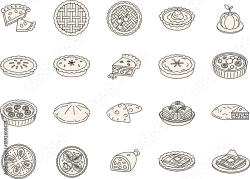 Vector Outline Illustration Set of Homemade Pies, Tarts, and Baked PastriesVector Outline Illustration Set of Homemade Pies, Tarts, and Baked PastriesVector Outline Illustration Set of Homemade Pies, 