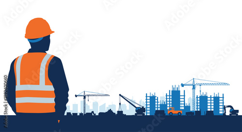 Construction Worker Silhouette in High-Visibility Vest Looking at City Skyline with Cranes