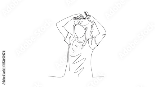 Continuous line drawing of a person brushing their hair with a comb, a simple artistic representation