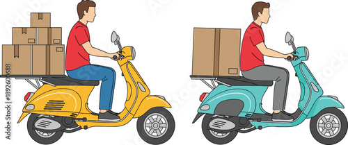 Courier delivery illustration with scooter riders carrying parcels and boxes, shipping service, logistics transportation, and ecommerce concept