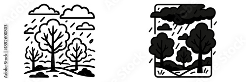 Rainy tree vector illustration with moody clouds