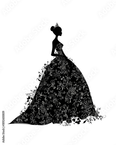 Black silhouette of elegant woman in ornate flowing gown with tiara