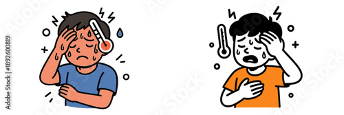 Vector illustration of sick boys with fever symptoms isolated