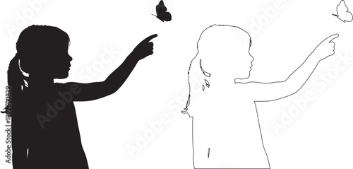 Black and white silhouette of two girls reaching for butterflies children