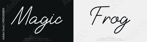 Magic Frog, Elegant Script font alphabet uppercase lowercase and number. Classic lettering minimal fashion designs. Typography modern serif fonts regular decorative vintage concept. Vector illustratio