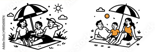 Families enjoying a sunny day at the park under an umbrella