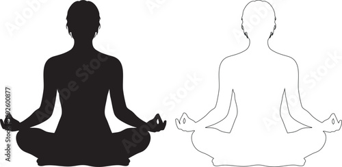 Black and white silhouette of two people meditating in lotus position meditation yoga silhouettes