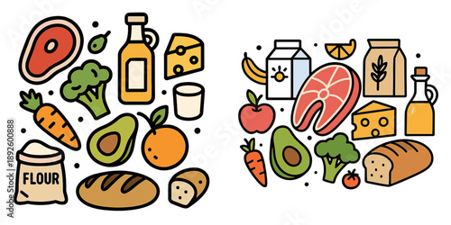 Colorful vector illustration of food items and groceries