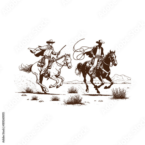 Cowboys riding horses in the desert with lassos