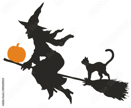Silhouette of a witch flying on a broomstick with a cat and a pumpkin
