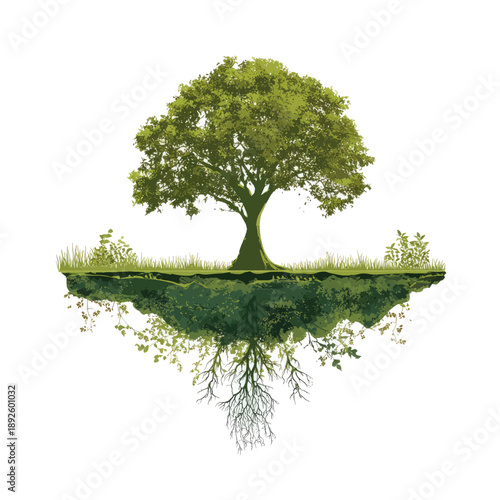 Floating island with lush green tree, grass, and exposed complex root system