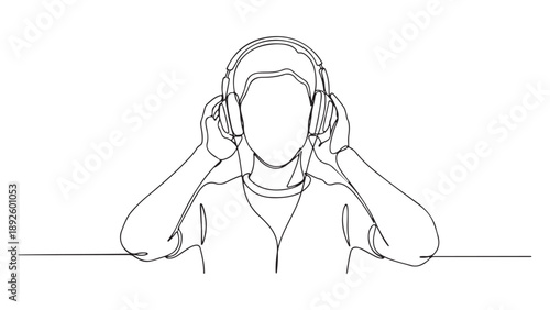 A minimalist continuous line drawing of a person wearing headphones, enjoying music