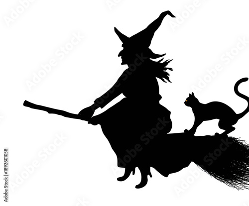 A black silhouette of a witch flying on a broomstick with a black cat