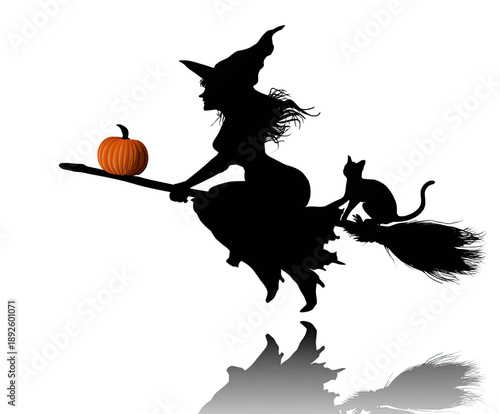 Black silhouette of a witch flying on a broomstick with a cat and a pumpkin