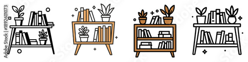 Modern vector illustrations of stylish bookshelves with plants