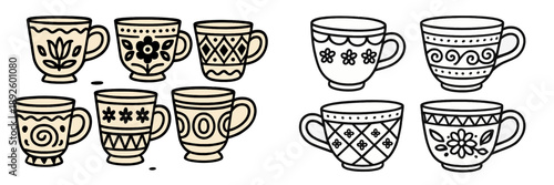 Decorative coffee mugs in various designs for home or cafe use