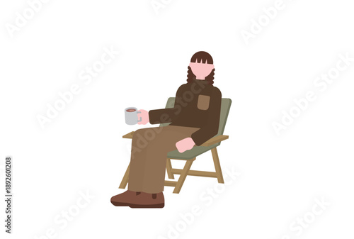 キャンプ椅子に座ってコーヒーを飲む女性のイラスト