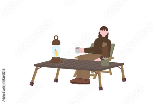 ソロキャンプでコーヒーを持って寛いでいる女性のイラスト