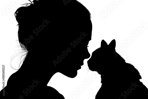Black silhouette of person and cat almost touching noses, white background