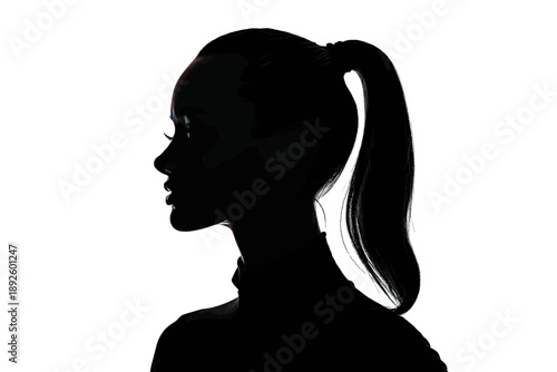 Dramatic side profile silhouette of a woman with a ponytail against a white background