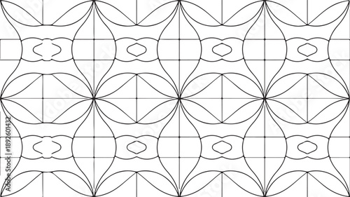 Abstract seamless black and white geometric pattern design with intricate symmetrical curved lines forming decorative ornamental wallpaper background
