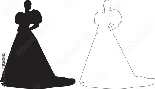 Black and white silhouettes of women in evening gowns