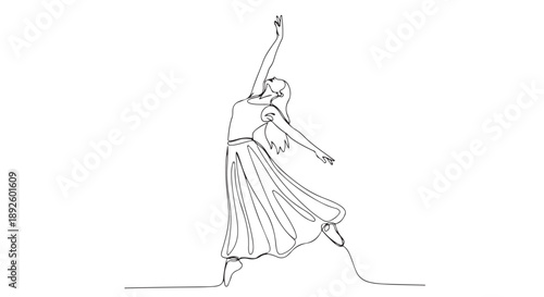 Continuous line drawing of an elegant woman dancing gracefully, embodying freedom and movement in a minimalist artistic style, perfect for contemporary design and creative projects