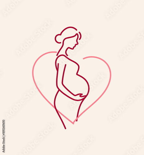 Line art of a pregnant woman holding her belly within a pink heart outline