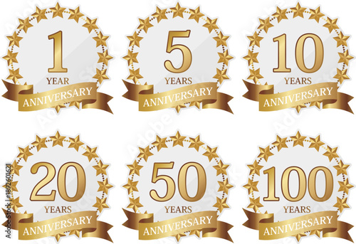 高級感のある星の周年記念エンブレム6種セット　ホワイト＆ゴールド