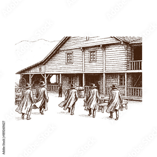 Cowboys walking towards a wooden building