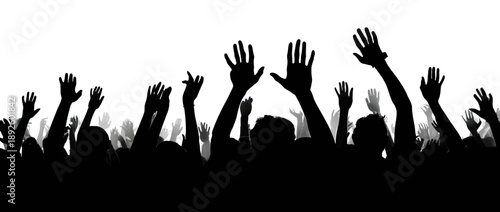 A large crowd's silhouettes with many raised hands against a bright white background