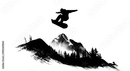 A silhouette of a snowboarder jumping above mountains and pine trees