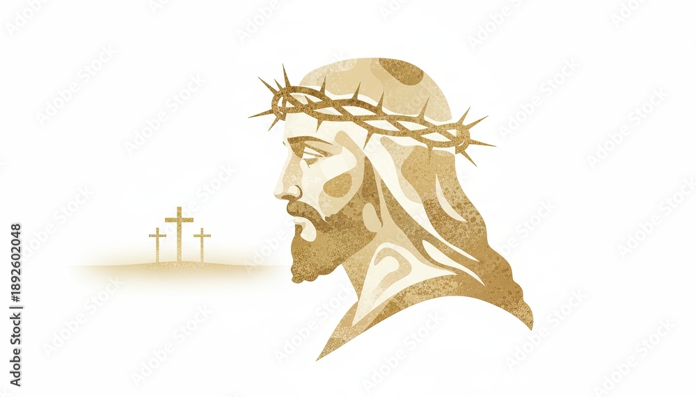 Obraz premium Side view of Jesus Christ with a crown of thorns and Golgotha crosses in the background. Good Friday and Easter religious concept.