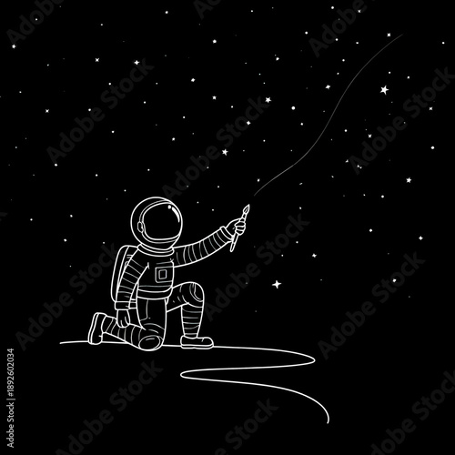 Astronaut kneels in dark cosmic space, painting new stars into existence with a brush