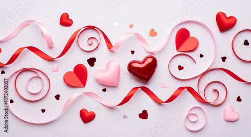 Valentines Day decorations with red and pink hearts and ribbons on white surface