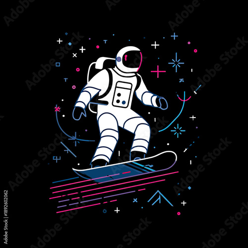An astronaut snowboarder glides through a vibrant, star-filled cosmic space
