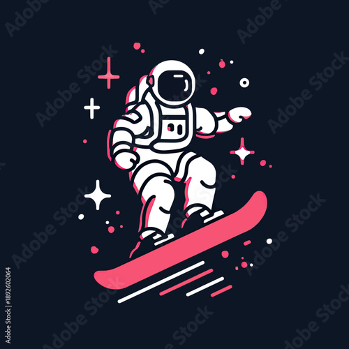 An astronaut snowboarder glides through space, surrounded by stars and dots