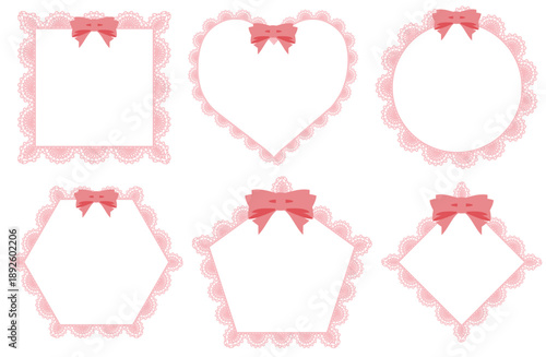 ピンクのリボン付きレースフレーム6種セット ハート型や多角形を含むガーリー装飾枠素材 ギフトやウェディングに使えるフェミニンデザイン