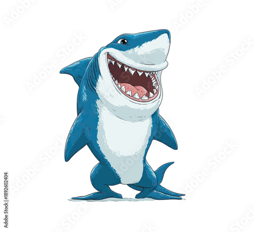 A happy cartoon blue and white shark stands upright with a wide, toothy grin